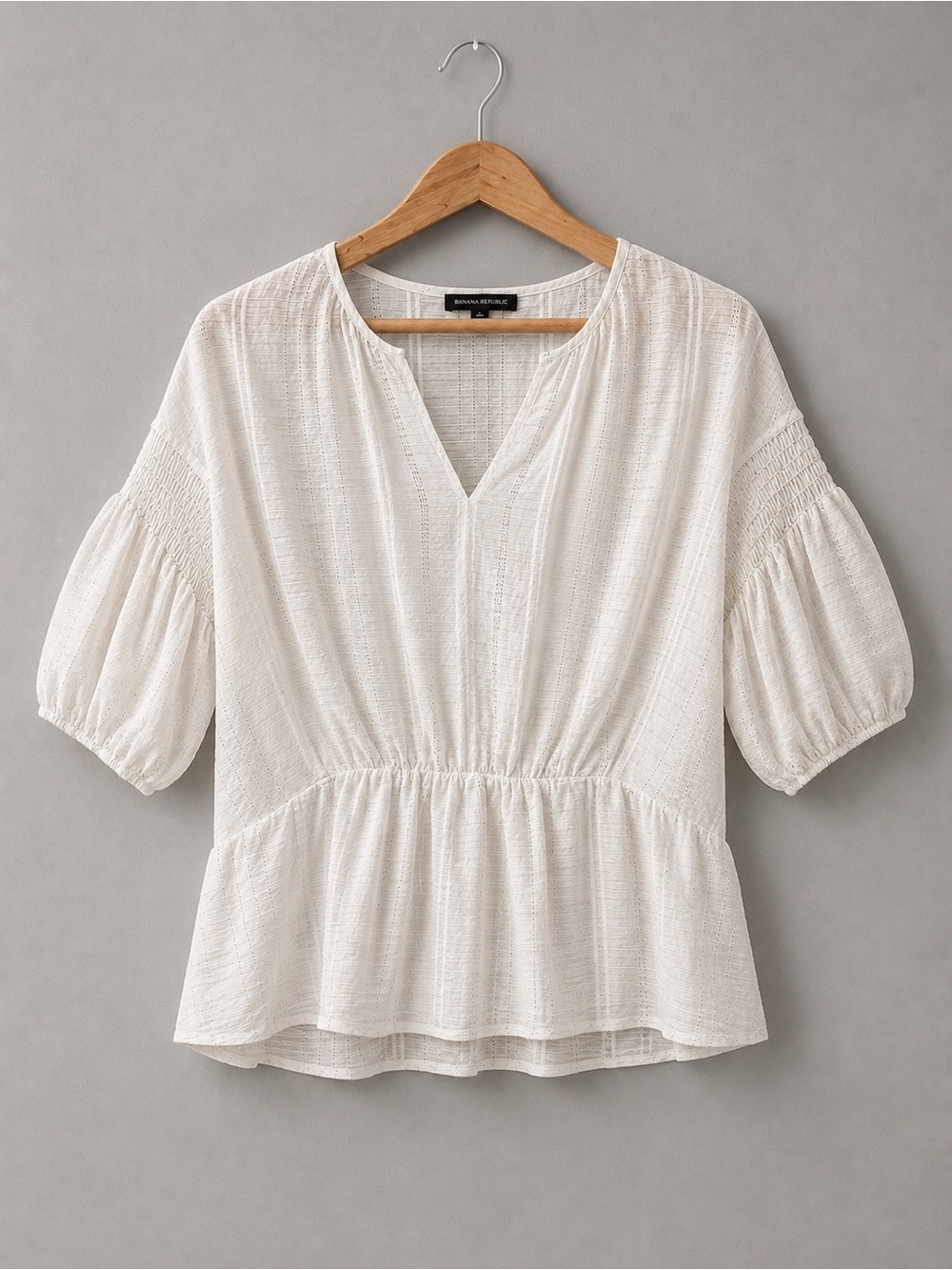 Banana Republic White Textured Puff Sleeve Peplum Top S